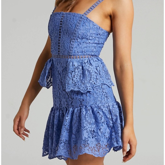 SHOWPO MONAY RUFFLE HEM LACE MINI DRESS IN CORNFLOWER BLUE - Picture 2 of 3